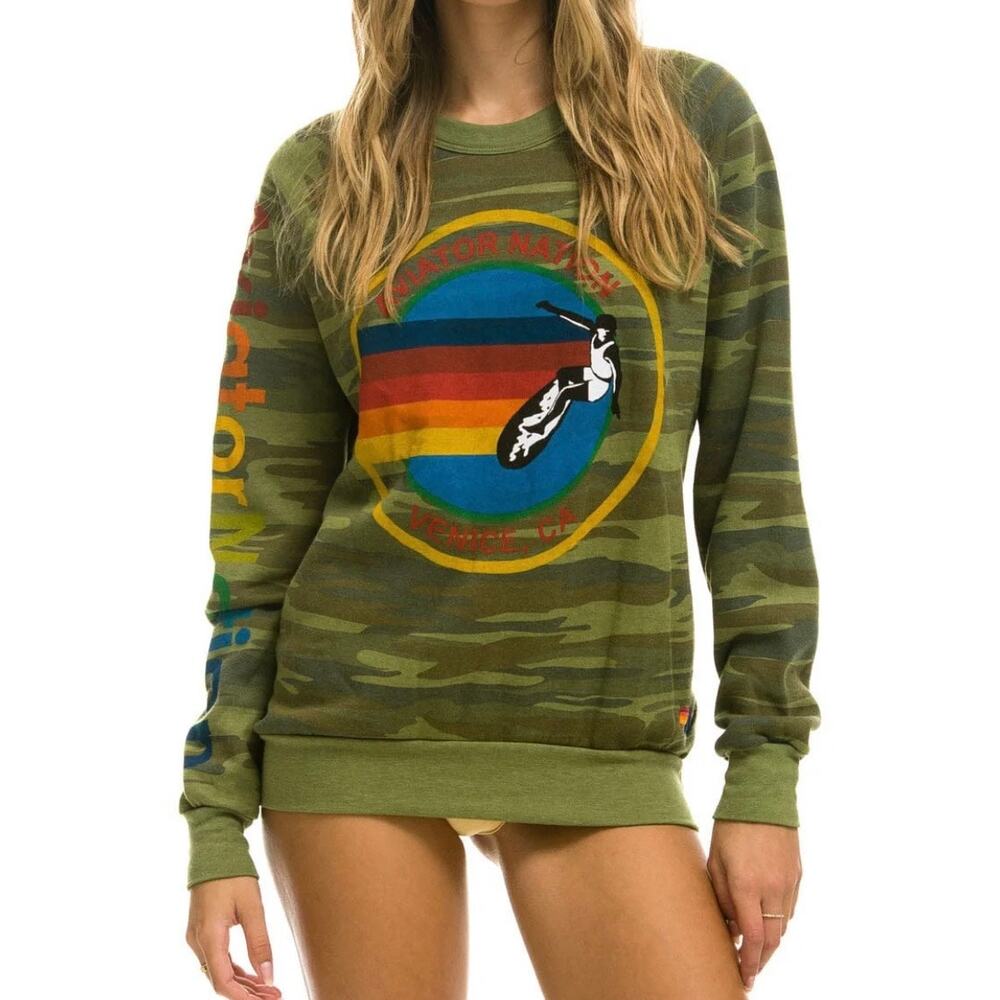 Kids Aviator Nation Olive Camo Rainbow Graphic Scoop Crew Sweatshirt